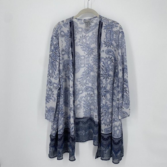 Catherines Tops - Catherines Navy and White Paisley Open-Front Kimono